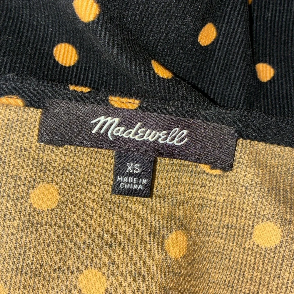 Madewell Polka Dot Corduroy Puff Sleeve Wrap Top Black‎ Tan XS G7835